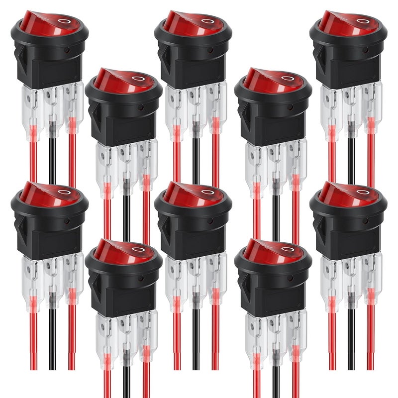 DMTVAL 10Pcs 12V Red LED Round Rocker Switch Kit, 2 Pin 2 Position SPST ON/Off Toggle with Pre-Wired Leads, Rated 6A/250V 10A/125V, for Car, Boat, Marine, RV - Image 1